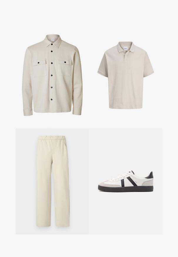 Beige overhemd met lange mouwen en zwarte knopen, twee borstzakken met kleppen en knoopsluitingen, en een puntige kraag.; Beige poloshirt met korte mouwen, subtiele verticale strepen, een klassieke kraag en een twee knopen sluiting.; Beige wijde broek met een elastische tailleband, gemaakt van zachte stof. Kenmerkt zich door een gladde textuur en geen zichtbare patronen of hardware.; Witte sneaker met zwarte en grijze accenten, voorzien van een grijze neus met textuur, zwarte rubberen zool en platte witte veters. Schoon ontwerp, minimalistische stijl.