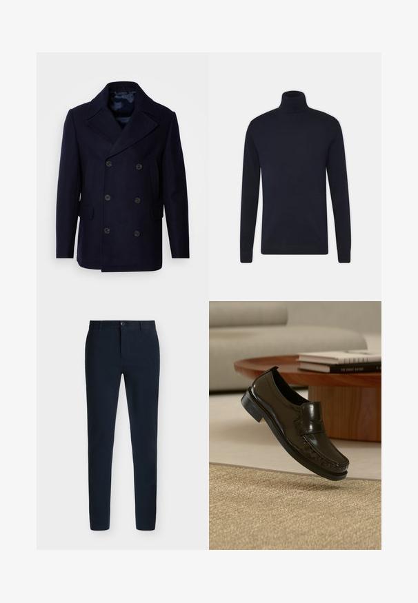 Isaac Dewhirst NEW SHORT PEACOAT SIDE ENTRY - Ľahká bunda - navy; Námornícky modrý rolák vyrobený z hladkej pleteniny s dlhými rukávmi a priliehavým strihom. Bez ďalších vzorov alebo akcentov.; Tmavomodré slim-fit nohavice s gombíkovým a zipsovým zapínaním a s pútkami na opasok, zobrazené na bielom pozadí.; Čierna kožená mokasína na strčenie, vznášajúca sa nad béžovým tkaným kobercom s dreveným konferenčným stolíkom a knihami v pozadí.