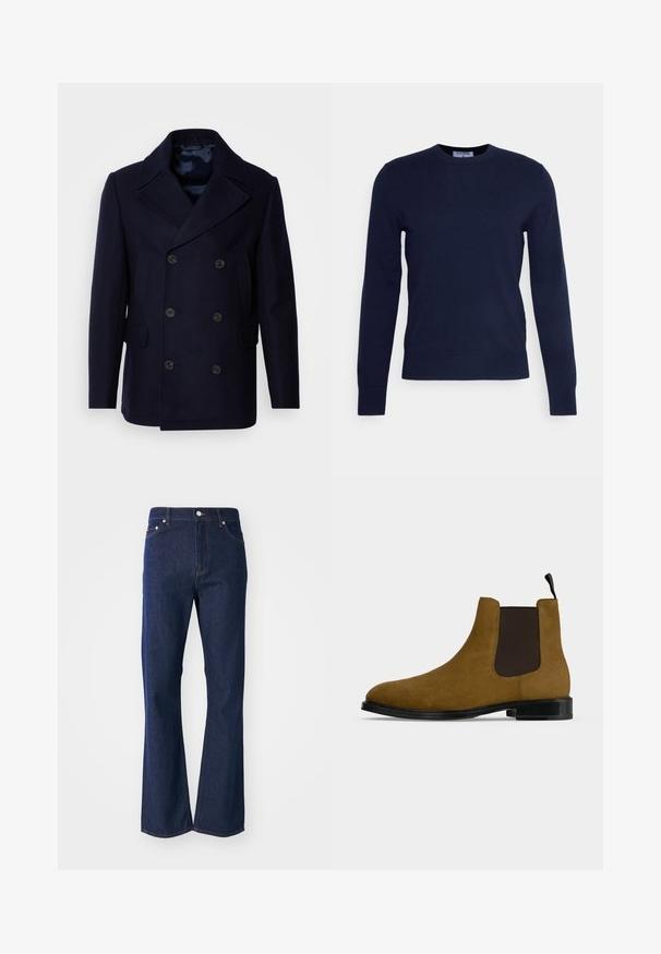Isaac Dewhirst NEW SHORT PEACOAT SIDE ENTRY - Chaqueta de entretiempo - navy; Suéter de cuello redondo color azul marino, hecho de una tela suave, con mangas largas y un dobladillo acanalado. Sin patrones visibles ni adornos.; Jeans acampanados de color azul oscuro fabricados en denim. Presentan cinco bolsillos, un cierre frontal con cremallera y un botón metálico. Acentos de costura clásica.; Bota Chelsea de ante marrón con panel lateral elástico negro, suela negra y lengüeta en un fondo gris claro.