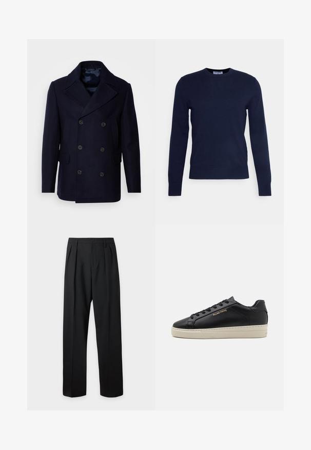 Isaac Dewhirst NEW SHORT PEACOAT SIDE ENTRY - Ľahká bunda - navy; Námornícky modrý sveter s okrúhlym výstrihom vyrobený z mäkkého materiálu, s dlhými rukávmi a rebrovaným lemom. Žiadne viditeľné vzory ani ozdoby.; Čierne formálne nohavice s záhybmi, pútkami na opasok a zapínaním na gombík v páse, zobrazené na jednofarebnom svetlom pozadí.; Čierne kožené tenisky s hladkým povrchom, kontrastnou krémovou podrážkou, zaoblenou špičkou, zlatým logom na boku a šiestimi dierkami na šnúrky.