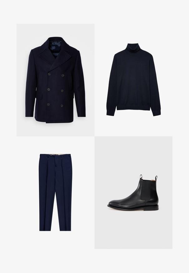 Isaac Dewhirst NEW SHORT PEACOAT SIDE ENTRY - Chaqueta de entretiempo - navy; Jersey de cuello alto en un oscuro tono náutico, confeccionado en una suave tela, con mangas largas, un alto cuello y un acabado de canalé en el cuello y los puños.; Pantalones ajustados de color azul marino hechos de una tela suave. Presentan dos pinzas delanteras y una cintura con cierre de botón.; Botín Chelsea de cuero negro con paneles laterales elásticos, tiradores y un tacón bajo sobre un fondo blanco.
