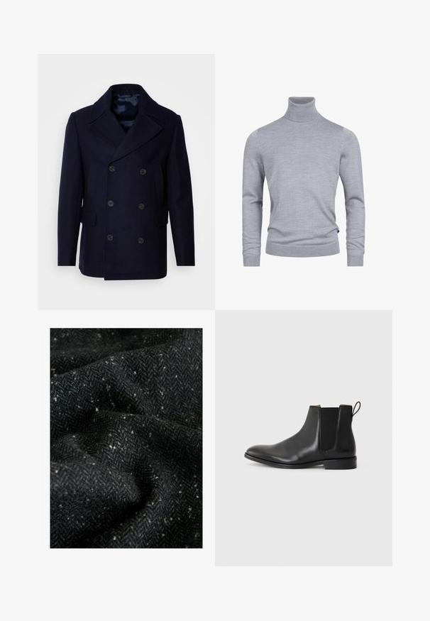 Isaac Dewhirst NEW SHORT PEACOAT SIDE ENTRY - Chaqueta de entretiempo - navy; Suéter gris de cuello tortuga hecho de un suave tejido de punto. Cuenta con mangas largas y un diseño ajustado con puños y dobladillo acanalados. Textura simple y suave.; Tejido de lana en un patrón de espiga, predominantemente gris oscuro con motas claras. La textura parece suave y ligeramente difusa.; JOOP! PERO KLEITOS CHELSEA - Botines - black