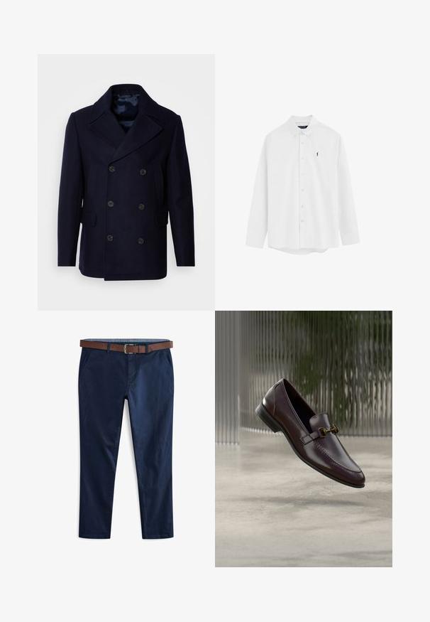 Isaac Dewhirst NEW SHORT PEACOAT SIDE ENTRY - Chaqueta de entretiempo - navy; Camisa blanca de manga larga con botones, cuello abotonado y un pequeño logotipo de golfista bordado en azul oscuro en el pecho izquierdo.; Pantalones chinos azul marino con un diseño de corte recto, que cuentan con bolsillos laterales y un cinturón de cuero marrón en la cintura. Material de algodón suave.; Mocasín de cuero marrón con acabado liso, punta cuadrada y detalle de herrajes en tono dorado. Cuenta con un tacón bajo y detalles de costuras sutiles.