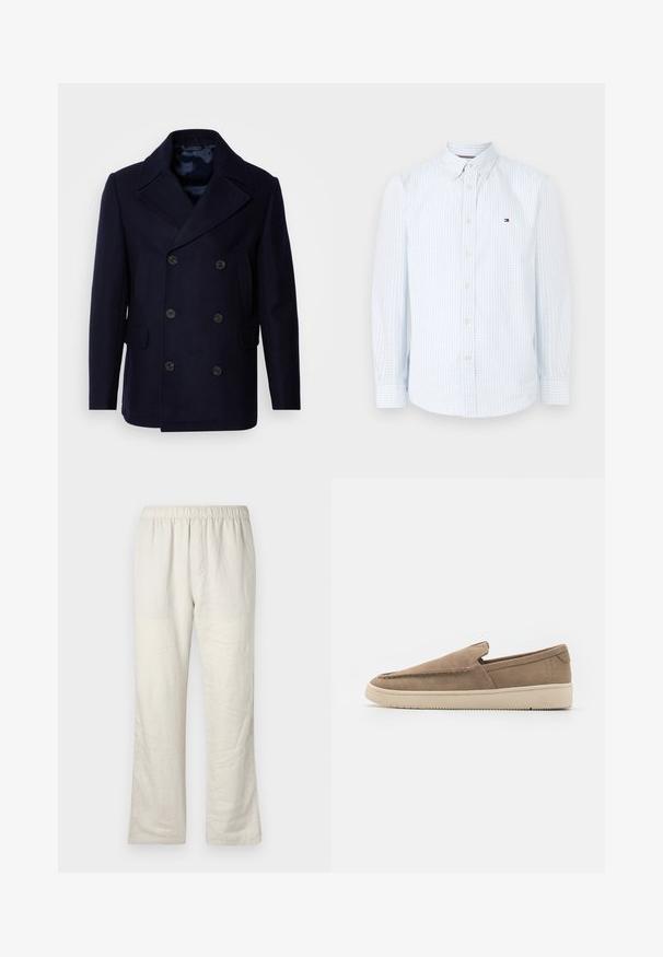 Isaac Dewhirst NEW SHORT PEACOAT SIDE ENTRY - Jas - navy; Lichtblauw geruit overhemdd met kraag, lange mouwen en een klein geborduurd logo op de linkerkant van de borst. Zachte textuur van de stof.; Beige lichtgewicht linnen broek met elastische tailleband, rechte pijpen en geen zichtbare zakken of sluitingen.; Instapschoen van taupe suede, met een soepele textuur, minimalistisch ontwerp en een beige rubberen zool met subtiele gripdetails.