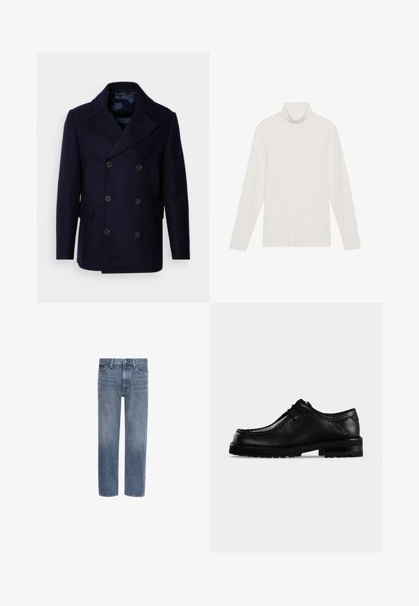Isaac Dewhirst NEW SHORT PEACOAT SIDE ENTRY - Chaqueta de entretiempo - navy; Top de manga larga con cuello alto en blanco. Tejido suave y elástico con una silueta ajustada. Presenta un cuello alto y un detalle de costuras mínimas.; Vaqueros de denim azul con pierna recta, bolsillos delanteros, trabillas para cinturón y cierre de botón.; Zapato de cuero negro con cordones, suela gruesa de goma y costura moc toe, mostrado desde el lado izquierdo sobre un fondo claro y liso.
