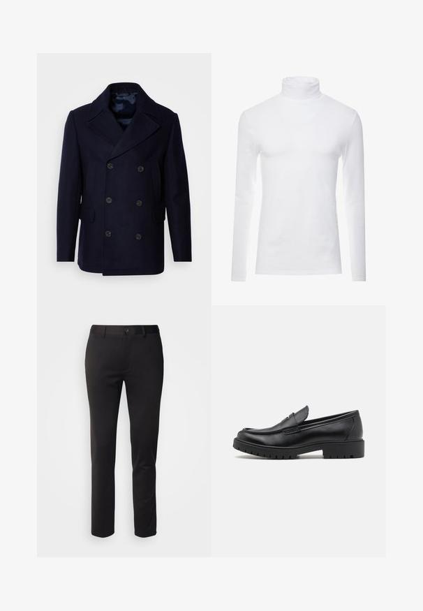 Isaac Dewhirst NEW SHORT PEACOAT SIDE ENTRY - Chaqueta de entretiempo - navy; Camisa de cuello alto de manga larga blanca, hecha de un tejido suave y elástico. Presenta un diseño ajustado que proporciona una silueta estilizada.; Pantalones negros de tela suave, con un diseño de pierna recta, cierre de botón en la parte delantera y cinturas, exhibidos sobre un fondo blanco.; Mocasines de cuero negro con punta redondeada, diseño sin cordones y suela de goma gruesa con agarre texturizado. Tacón elevado y detalles de costura sutiles.