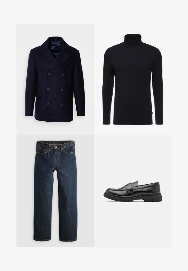 Isaac Dewhirst NEW SHORT PEACOAT SIDE ENTRY - Jas - navy; Zwarte lange mouw turtleneck shirt gemaakt van zachte, rekbare stof. Heeft een aansluitend ontwerp en een gladde textuur. Geen zichtbare patronen of accenten.; Donkerblauwe denim jeans met een rechte pijp. Voorzien van vijf zakken, contrasterende stiksels en een knoopsluiting in de taille.; Zwarte leren instapper met een brede band over de voet, rubberen zool met dikke noppen en een gladde textuur. Klassiek, strak ontwerp.