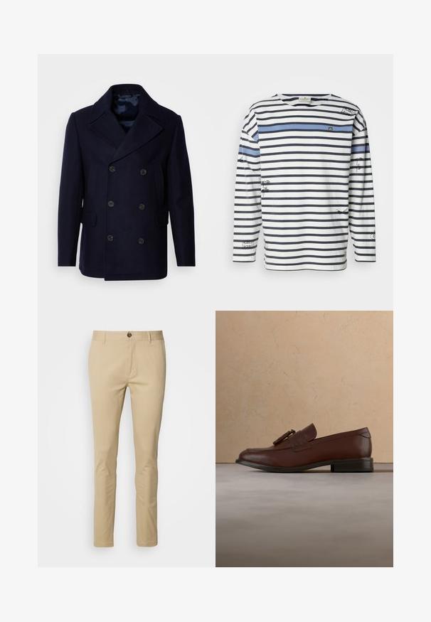 Isaac Dewhirst NEW SHORT PEACOAT SIDE ENTRY - Kerge jope - navy; Pikema varrukaga triibuline särk, millel on horisontaalsed tumesinised ja valged triibud, sinine aktsenttriip ning esiküljel ja varrukatel graafilised illustratsioonid.; Bežid chinos'id, mis on slim fit lõikega ja valmistatud puuvillast. Omab nööpide sulgemist, vöökette ja diskreetset õmblustäpsust taskutel.; Pruun nahast tutiga king, mis hõljub tekstuurse beežika vaiba kohal, taustal on ümmargune puidust laud ja virnastatud raamatud.
