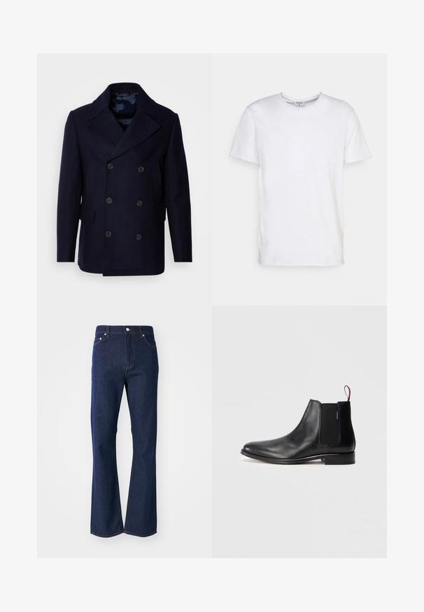 Isaac Dewhirst NEW SHORT PEACOAT SIDE ENTRY - Chaqueta de entretiempo - navy; Camiseta blanca de manga corta hecha de algodón. Presenta un escote redondo y un corte holgado, sin patrones ni acentos visibles.; Jeans acampanados de color azul oscuro fabricados en denim. Presentan cinco bolsillos, un cierre frontal con cremallera y un botón metálico. Acentos de costura clásica.; Botín Chelsea de piel negra con panel lateral elástico y una lengüeta roja en la parte trasera, mostrado sobre un fondo blanco liso.