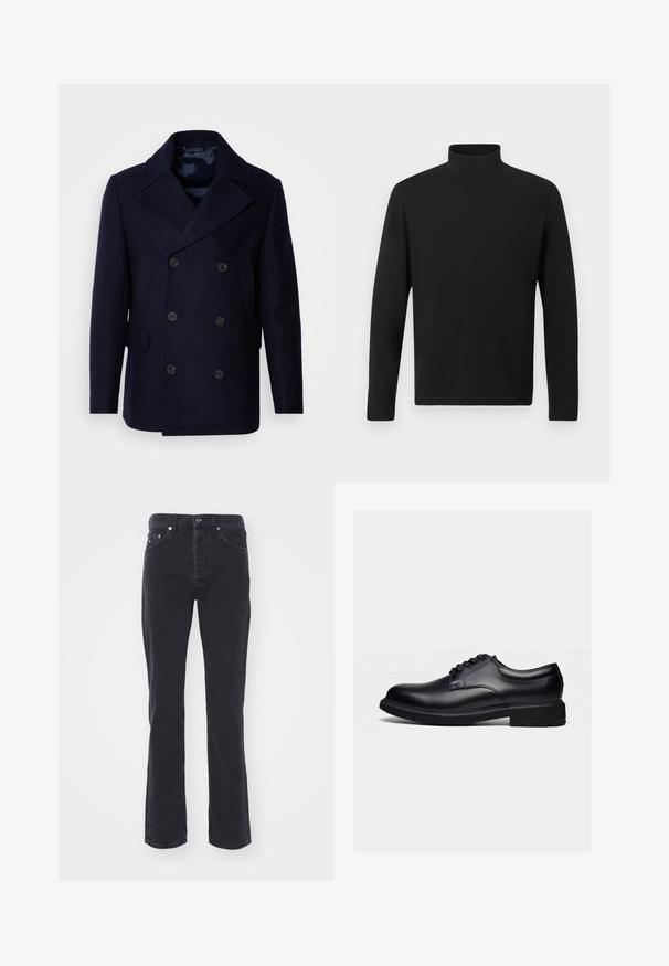 Isaac Dewhirst NEW SHORT PEACOAT SIDE ENTRY - Chaqueta de entretiempo - navy; Camisa de cuello alto negra hecha de una tela suave. Cuenta con mangas largas y un collar alto. Diseño sencillo sin patrones ni acentos adicionales.; Vaqueros de mezclilla negra con un diseño de pierna recta, que cuentan con cinco bolsillos y un cierre de botón. La tela tiene una textura sutil y un acabado resistente.; Zapato de vestir de cuero negro pulido con diseño de cordones y suela gruesa de goma, mostrado de lado sobre un fondo claro y simple.