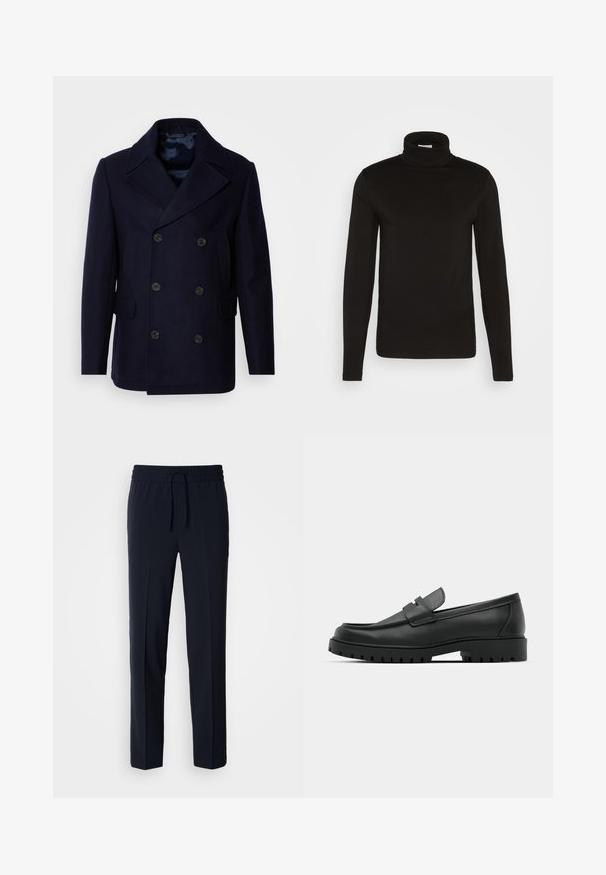 Isaac Dewhirst NEW SHORT PEACOAT SIDE ENTRY - Kerge jope - navy; Musta kõrge kaelusega pikakäiste särk, mis on valmistatud sileda kangaga ja millel on keha lähedane lõige. Mustri või aktsentide puudumine.; Tumed sinine, kergesti kaaluva pükse elastse vöökoha ja reguleeritava nööriga, millel on sirge lõikega disain ja sile tekstuur.; Mustad musta nahast loafers, millel on ümar varvas, tikandiga disain, madal platvorm-soon ja tekstureeritud, soonikkummist välistald.
