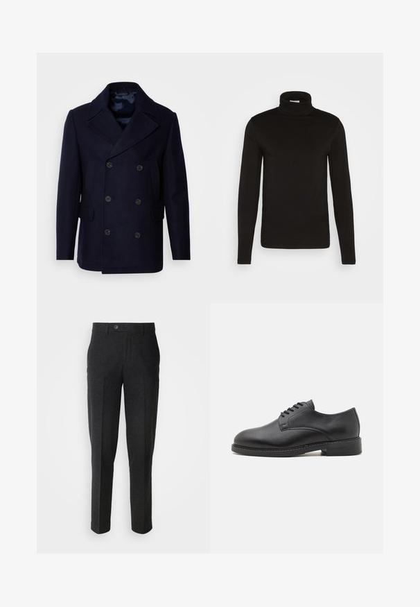 Isaac Dewhirst NEW SHORT PEACOAT SIDE ENTRY - Ľahká bunda - navy; Čierny rolák s dlhým rukávom vyrobený z hladkej látky s priliehavým strihom a vysokým, tesným golierom. Žiadne vzory ani akcenty nie sú viditeľné.; Lindbergh Nohavice - black melange; Čierna kožená oxford obuv s okrúhlou špičkou, s hladkým povrchom, päťočkovým šnurovaním a nízkym lepeným podpätkom.