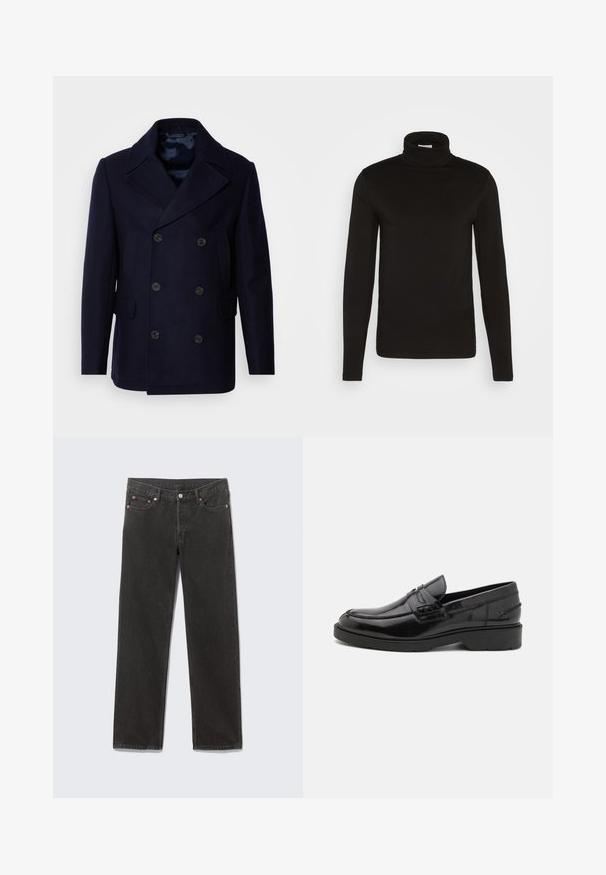 Isaac Dewhirst NEW SHORT PEACOAT SIDE ENTRY - Jas - navy; Zwarte coltrui met lange mouwen, gemaakt van een gladde stof met een aansluitend ontwerp en een hoge, strakke kraag. Geen patronen of accenten zichtbaar.; Zwarte denim jeans met rechte pijpen, voorzakken, riemlussen en knoopsluiting, plat gelegd op een grijze achtergrond.; Zwarte leren instappers met een gladde afwerking, ronde neus, lage hak en decoratieve stiksels aan de voorkant. Rubberen buitenzool voor grip.