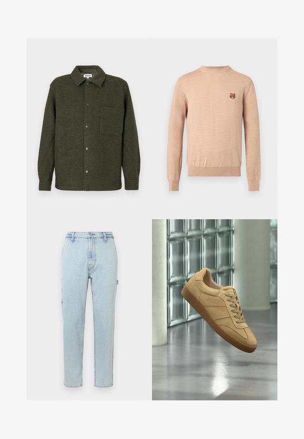 Veste chemise en laine verte avec un col, fermeture à boutons sur le devant, poche poitrine unique et manches longues. Fini lisse et texturé.; Pull beige à manches longues avec col rond, poignets et ourlet côtelés, arborant un petit emblème de tête de renard orange sur le côté gauche de la poitrine.; Pantalon en denim bleu clair avec taille haute, design à jambe droite et poches latérales accentuées. Présente des coutures visibles et une fermeture classique à boutons.; Baskets beiges en daim avec semelle en gomme, design à lacets, flottant à l'intérieur sur un sol en béton poli près d'un mur en blocs de verre.