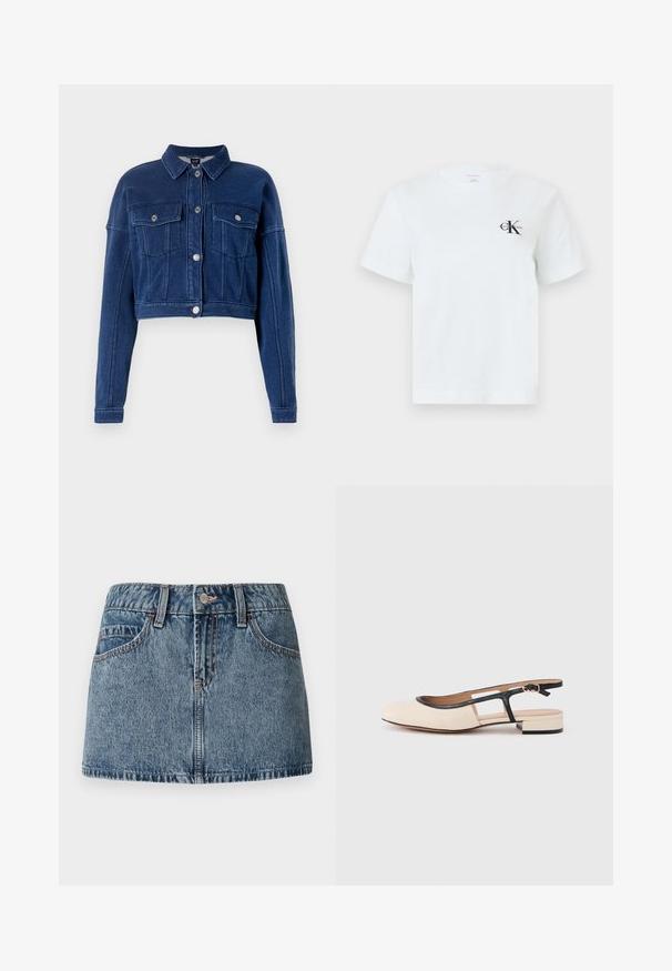 Korte, donkerblauwe spijkerjack met een knoopsluiting aan de voorkant, twee borstzakken en klassieke kraag. Voorzien van zilverkleurige hardware en gestikte details.; Wit T-shirt met korte mouwen en een kleine zwarte Calvin Klein "cK"-logo op de linkerborst, ronde hals, eenvoudig minimalistisch ontwerp.; Denim mini-jurk in een medium blauwe wash, met een aansluitende taille, voorzakken en subtiele stiksels. Glad, gestructureerd stoffenafwerking.; Leren slingback schoen met een beige voorkant, zwarte rand en een kleine blokhak. Heeft een open achterkant en een uitgesneden ontwerp.