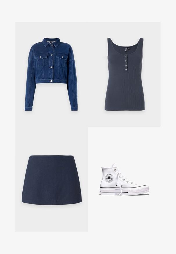 Veste en jean bleu foncé coupée, avec un devant à boutons, deux poches poitrine et un col classique. Présente des accessoires en métal argenté et des détails cousus.; Débardeur bleu foncé côtelé sans manches avec encolure dégagée et quatre petits boutons argentés au centre devant.; Jupe courte A-line bleu marine, faite d'un tissu léger texturé avec une taille lisse et sans motifs ni embellissements.; Baskets blanches montantes Converse Chuck Taylor All Star avec des rayures noires et un patch logo sur le côté, présentées sur un fond blanc uni.