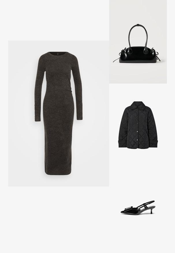 Schwarze gesteppte Jacke mit rundem Kragen, Druckknöpfen und diagonalen Steppnähten. Hergestellt aus glattem, leichtem Stoff.; Langes, eng anliegendes Kleid aus dunkelgrauem Rippstrickmaterial. Es hat lange Ärmel und einen runden Halsausschnitt, mit einer glatten Textur und einer schlanken Silhouette.; Schwarze Lackleder-Slingbacks mit spitzer Zehenpartie, einer Schleifendetail an der Vorderseite und einem kleinen Stiletto-Absatz. Die Riemen haben verstellbare Schnallen.; Kleine schwarze glänzende Handtasche mit zwei langen Griffen und seitlichen Kordelzug-Details vor einfachem hellem Hintergrund.