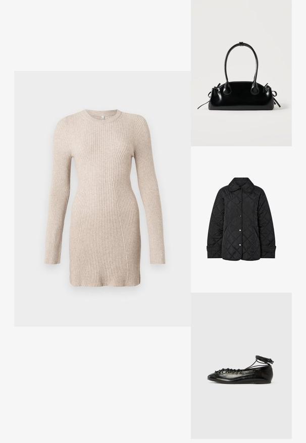 Schwarze gesteppte Jacke mit rundem Kragen, Druckknöpfen und diagonalen Steppnähten. Hergestellt aus glattem, leichtem Stoff.; Beiges, geripptes Strickkleid mit langen Ärmeln, tailliertem Schnitt und rundem Halsausschnitt auf weißem Hintergrund.; Schwarze Ballerinas aus Lackleder mit runder Spitze, Schnürdesign und flacher Sohle. Glatte Textur mit minimaler Verzierung.; Kleine schwarze glänzende Handtasche mit zwei langen Griffen und seitlichen Kordelzug-Details vor einfachem hellem Hintergrund.