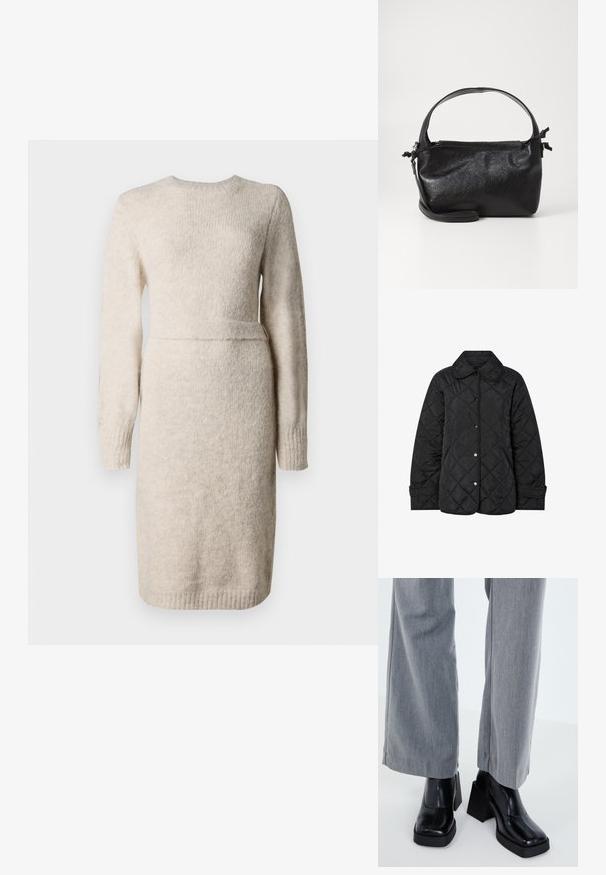 Schwarze gesteppte Jacke mit rundem Kragen, Druckknöpfen und diagonalen Steppnähten. Hergestellt aus glattem, leichtem Stoff.; Beige gestricktes Kleid mit langen Ärmeln, runder Ausschnitt und strukturiertem Finish. Taillierter Bund mit Akzentband, knielanger Saum.; Schwarze Stiefelette mit quadratischer Zehenform, aus glattem Leder mit dicker Plattform. Kombiniert mit hellgrauen, weit geschnittenen Hosen.; Schwarze Lederhandtasche mit strukturiertem Design, rundem Haltegriff und abnehmbarem Schulterriemen. Sie weist eine glatte Oberfläche und einen subtilen Glanz auf.