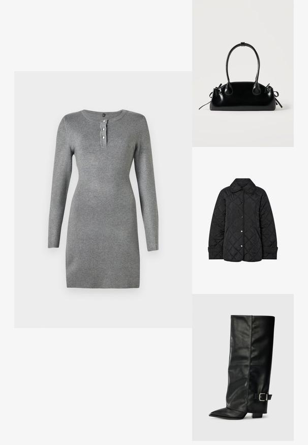 Schwarze gesteppte Jacke mit rundem Kragen, Druckknöpfen und diagonalen Steppnähten. Hergestellt aus glattem, leichtem Stoff.; Graues langärmliges Kleid in taillierter Form, mit Rundhalsausschnitt und einer Knopfleiste mit drei Knöpfen. Strukturiertes Material mit glatter Oberfläche.; Schwarze Lederstiefeletten in Knöchellänge mit spitzem Zehenbereich, glatter Oberfläche und silberner Schnallenakzent an der Seite. Massiver, quadratischer Absatz.; Kleine schwarze glänzende Handtasche mit zwei langen Griffen und seitlichen Kordelzug-Details vor einfachem hellem Hintergrund.