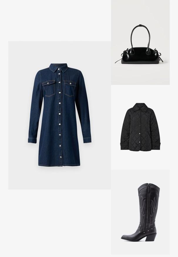 Schwarze gesteppte Jacke mit rundem Kragen, Druckknöpfen und diagonalen Steppnähten. Hergestellt aus glattem, leichtem Stoff.; Dunkelblaues Denim-Hemdkleid mit langen Ärmeln und Kragen, silberne Druckknöpfe vorne und zwei Brusttaschen mit Klappen und Druckknöpfen.; Schwarze Cowboy-Stiefel aus Leder mit spitzer Zehenpartie, sichtbarer Nahtführung, silbernen Nietenakzenten und Reißverschluss auf der Innenseite.; Kleine schwarze glänzende Handtasche mit zwei langen Griffen und seitlichen Kordelzug-Details vor einfachem hellem Hintergrund.