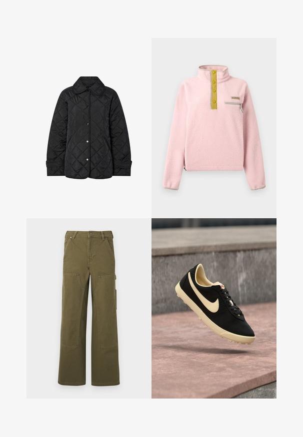 Schwarze gesteppte Jacke mit rundem Kragen, Druckknöpfen und diagonalen Steppnähten. Hergestellt aus glattem, leichtem Stoff.; Hellrosa Fleece-Pullover mit hohem Kragen, vier gelben Knöpfen, einer grauen Reißverschlusstasche sowie elastischem Saum und Bündchen.; Olivgrüne Cargo-Hosen aus strapazierfähigem Material, mit weitem Bein, mehreren Taschen und Metallbeschlägen für zusätzliche Funktionalität.; Schwarzer und beiger Nike-Sneaker mit Schnürsenkeln, schwebt über einer rosafarbenen Steinfäche vor einem grauen Betonhintergrund.