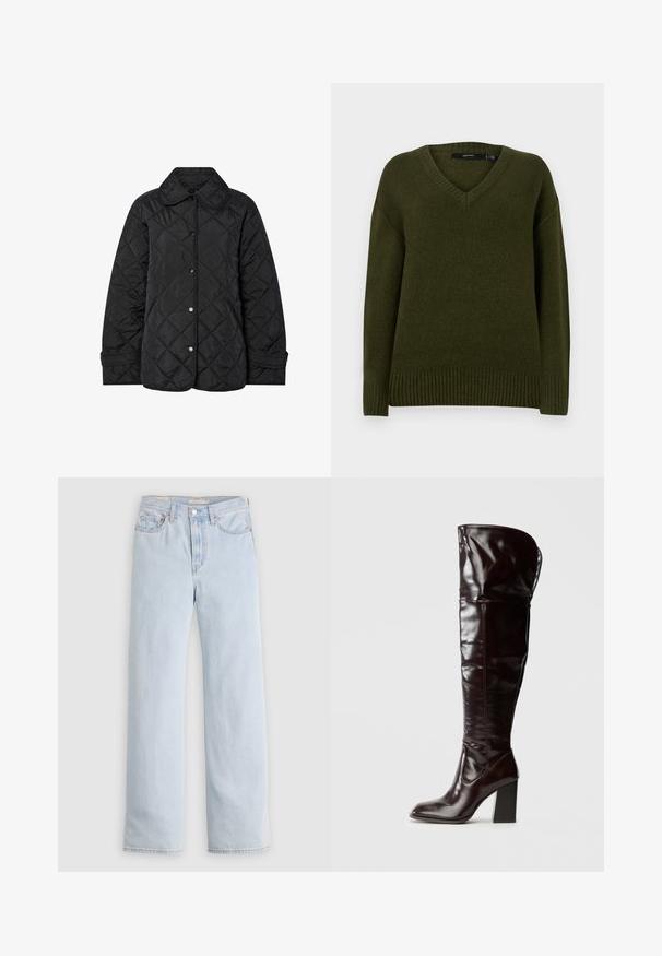 Schwarze gesteppte Jacke mit rundem Kragen, Druckknöpfen und diagonalen Steppnähten. Hergestellt aus glattem, leichtem Stoff.; Olivgrüner Pullover mit V-Ausschnitt, aus weichem Material gefertigt. Verfügt über gerippte Manschetten und Saum für einen figurschmeichelnden Abschluss.; Hellblaue, hoch taillierte, gerade geschnittene Jeans aus Denim mit Knopfverschluss und Vordertaschen, auf einfachem Hintergrund gezeigt.; Kniehohe, glänzende Stiefel aus burgunderfarbenem Leder mit quadratischer Spitze und Blockabsatz, mit einem lässigen Design und minimalen Nähten.