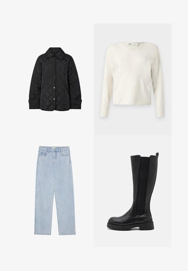 Sort quiltet jakke med rund krave, trykknaplukning og diagonal mønsterstikning. Fremstillet af glat, letvægtsstof.; V-hals creme sweater lavet af blødt materiale, med lange ærmer og ribbede manchetter, i et let cropped, løst design.; Lyseblå, højtaljede denimbukser med lige ben, fem lommer og synlige sømme. Materialet har en klassisk vaskeeffekt.; Even&Odd Plateaustøvler - black
