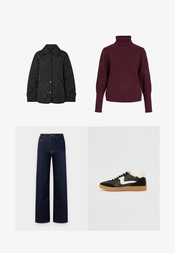 Sort quiltet jakke med rund krave, trykknaplukning og diagonal mønsterstikning. Fremstillet af glat, letvægtsstof.; Bordeaux turtleneck sweater lavet af ribstrikket stof, med lange ærmer og en afslappet pasform med tætsiddende manchetter og en høj krave.; Mørkeblå bredbenede jeans lavet af denim, med høj talje, fire lommer og kontrastfarvet syninger langs sømmene.; Sorte ruskinds- og lædersneakers med en cremefarvet side-swoosh og lys cremefarvet hæl. Har beige snørebånd og en gummirubber-sål.