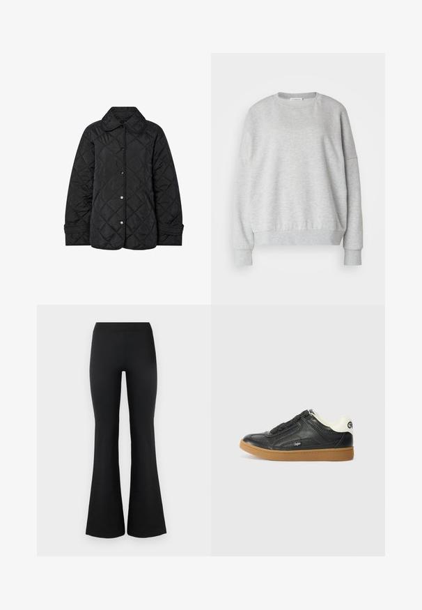 Sort quiltet jakke med rund krave, trykknaplukning og diagonal mønsterstikning. Fremstillet af glat, letvægtsstof.; Lys grå sweatshirt lavet af blødt stof, med rund halsudskæring, faldende skuldre og ribbede manchetter og kant for en afslappet pasform.; Sorte flared bukser lavet af et glat, strækbart stof. Har en høj talje og flared nederkant for et tætsiddende look. Enkel design.; Sorte lædersneakers med tekstureret overflade, snøre-design og kontrastfarvet krave i cremede nuancer. Har en gummisål og logodetalje på siden.