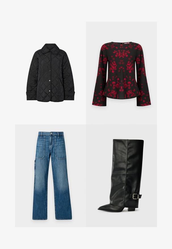 Zwarte gewatteerde jas met een ronde kraag, drukknoopsluitingen en diagonale patroonstiksels. Gemaakt van gladde, lichte stof.; Zwarte blouse met lange mouwen en rood bloemenpatroon, ronde halslijn en licht uitlopende mouwen en zoom.; Denim wijde pijpen jeans in medium blauw. Voorzien van een hoge taille, voorzakken en een rechte snit. Heeft een vervaagde textuur en minimale stiksels.; Zwarte leren enkellange laarzen met een spitse neus, een gladde textuur en een zilveren gesps Accent aan de zijkant. Stevige vierkante hak.