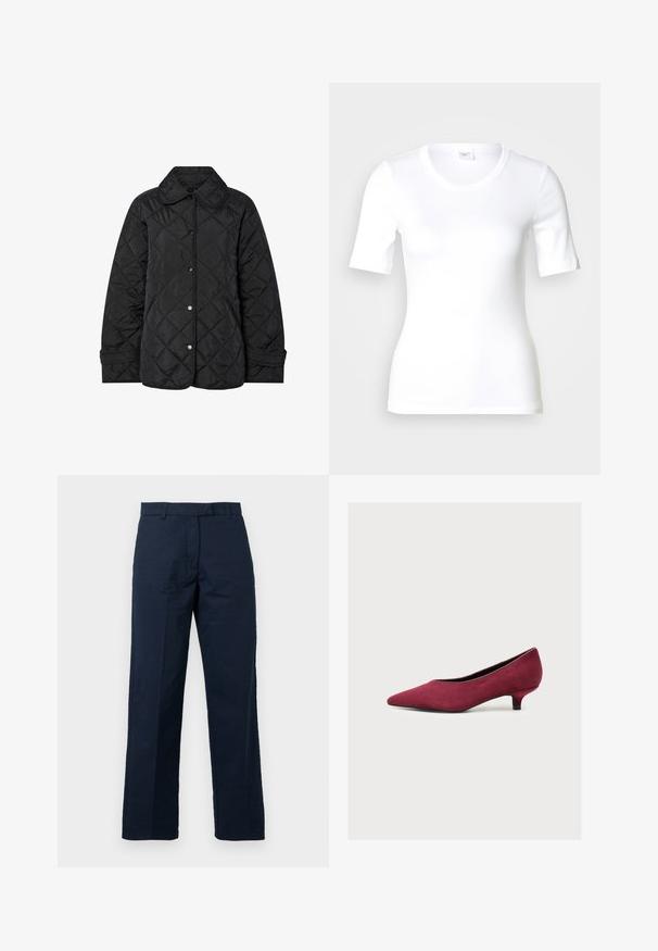 Sort quiltet jakke med rund krave, trykknaplukning og diagonal mønsterstikning. Fremstillet af glat, letvægtsstof.; Hvid T-shirt med korte ærmer lavet af glat bomuld, med rund halsudskæring og en tætsiddende pasform. Klassisk design uden mønstre eller detaljer.; Marineblå bomuldsbukser med lige pasform, flad front og bæltesløjfer; har en glat tekstur og presset plante detalje.; Vinrød ruskind pumps med spids tå, lav kittenhæl og sort sål vist fra siden på hvid baggrund.
