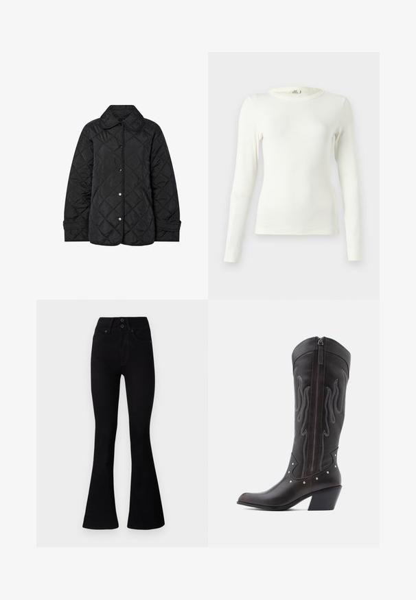 Schwarze gesteppte Jacke mit rundem Kragen, Druckknöpfen und diagonalen Steppnähten. Hergestellt aus glattem, leichtem Stoff.; Weißes Langarmshirt aus geripptem Stoff, mit rundem Ausschnitt und figurbetontem Schnitt. Nahtlose Bündchen an den Ärmeln.; Pepe Jeans FLARE CONTOUR - Flared Jeans - black denim; Braune Cowboy-Stiefel aus Leder mit Flammenstickerei, seitlichem Reißverschluss, silbernen Nieten, spitzer Zehenpartie und geschichtetem Absatz.