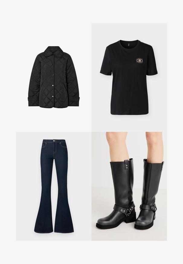 Schwarze gesteppte Jacke mit rundem Kragen, Druckknöpfen und diagonalen Steppnähten. Hergestellt aus glattem, leichtem Stoff.; Schwarzes Kurzarmhemd mit umgeschlagenen Bündchen und kleinem, besticktem Augendesign auf der linken Brust.; Dunkelblaue High-Waist-Denim-Jeans mit ausgestellten Beinen, vorderem Knopf- und Reißverschluss sowie fünf Taschen.; Schwarze Lederstiefel bis zum Knie mit weiter Schaftweite, Riemenverzierungen, silbernen Beschlägen und flacher Sohle. Glatte Textur mit leichtem Glanz.