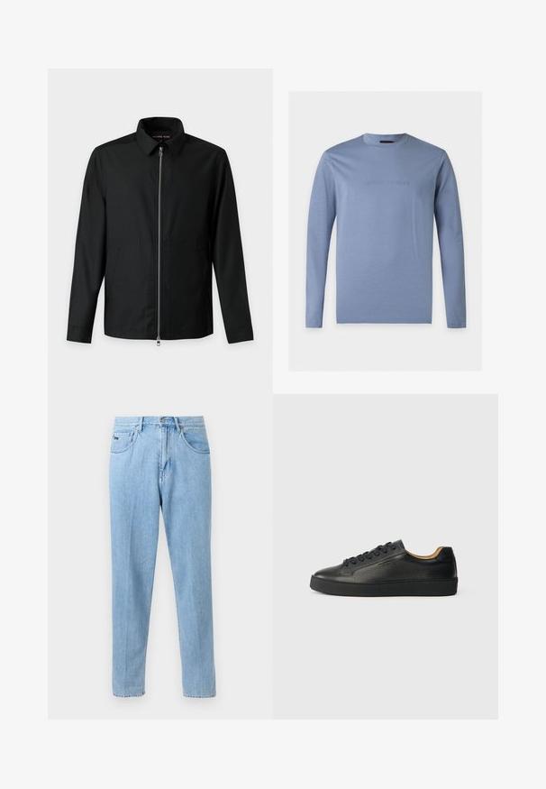 Veste noire décontractée à manches longues avec col et fermeture éclair métallique complète à l'avant, deux poches latérales et un ourlet droit.; Chemise bleu clair à manches longues avec col rond et logo Emporio Armani en relief centré sur la poitrine, fond blanc.; Jean en denim bleu clair à coupe droite avec poches avant, passants de ceinture et fermeture à bouton sur un fond neutre.; Baskets basses en cuir noir avec surface texturée, lacets noirs et semelle en caoutchouc épaisse, présentées de côté sur un fond clair.