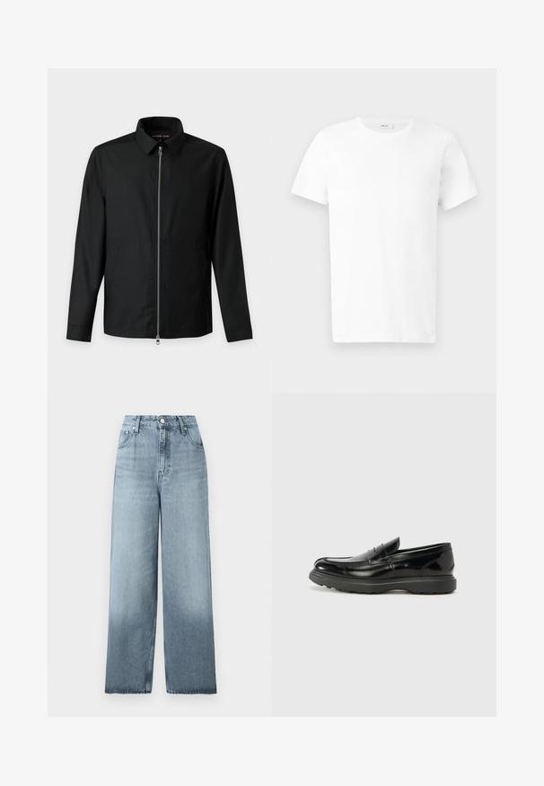 Veste noire décontractée à manches longues avec col et fermeture éclair métallique complète à l'avant, deux poches latérales et un ourlet droit.; T-shirt en coton blanc uni à manches courtes avec col rond, présenté à plat sur un fond gris clair.; Jean bleu clair taille haute, jambes larges, avec fermeture à boutons et fermeture éclair, poches avant et passants pour ceinture sur un fond uni.; Mocassin en cuir noir avec une finition brillante, bout arrondi, détails de couture subtils et semelle en caoutchouc épaisse pour la durabilité.