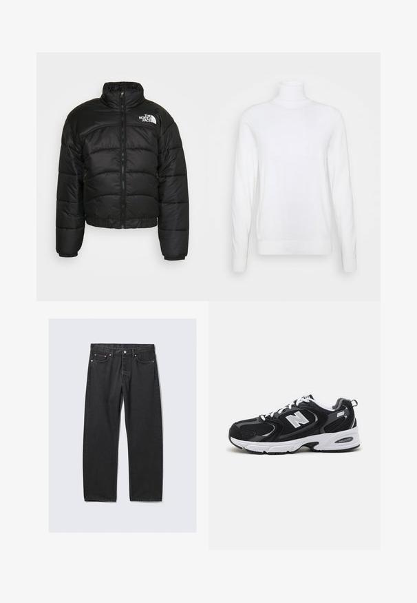 Doudoune noire avec fermeture éclair, col montant et poignets élastiques. Présente des panneaux couturés et un logo sur l'épaule gauche.; Pull à col roulé blanc avec des manches longues, fabriqué en tissu lisse. Présente un design ajusté et des poignets et un ourlet côtelés. Pas de motifs ni d'accents.; Jean noir droit avec cinq poches et une fermeture bouton à la taille, posé à plat sur un fond clair.; Baskets de sport noires et grises avec un tige en mesh et en suède, présentant une semelle intermédiaire blanche, des lacets et un logo "N" audacieux sur le côté.