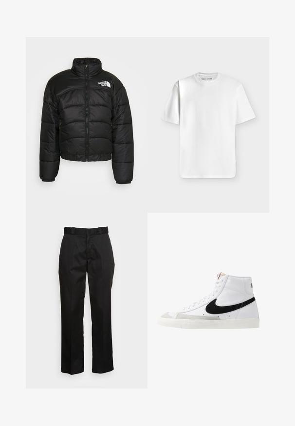 Doudoune noire avec fermeture éclair, col montant et poignets élastiques. Présente des panneaux couturés et un logo sur l'épaule gauche.; T-shirt blanc uni à manches courtes et col rond, posé à plat sur un fond gris clair avec une petite étiquette de marque à l’intérieur du col.; Pantalons noirs en tissu lisse, avec une coupe droite, des passants de ceinture et deux poches latérales. Look classique sans embellissements.; Baskets montantes blanches avec un swoosh noir, un capuchon de pied texturé gris et une semelle plate blanche. Elles possèdent six œillets et des accents cousus.