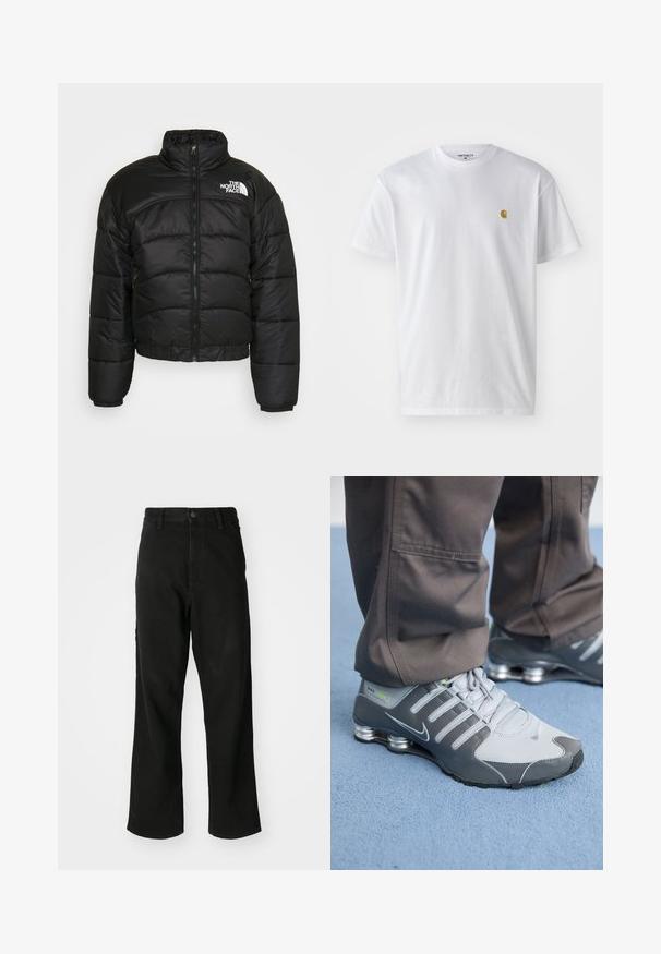 Chaqueta de plumas negra con cierre de cremallera, cuello alto y puños elásticos. Presenta paneles cosidos y un logo en el hombro izquierdo.; Camiseta de algodón blanca con mangas cortas, cuello redondo, que presenta un pequeño logo dorado en la parte izquierda del pecho. Textura suave y corte regular.; Vaqueros negros de pierna recta con cierre de botón, pasadores para cinturón y bolsillos frontales sobre un fondo blanco liso.; Las zapatillas Nike Shox en gris y plata tienen un diseño elegante, con materiales de malla y sintéticos, punta redondeada y un collar acolchado.