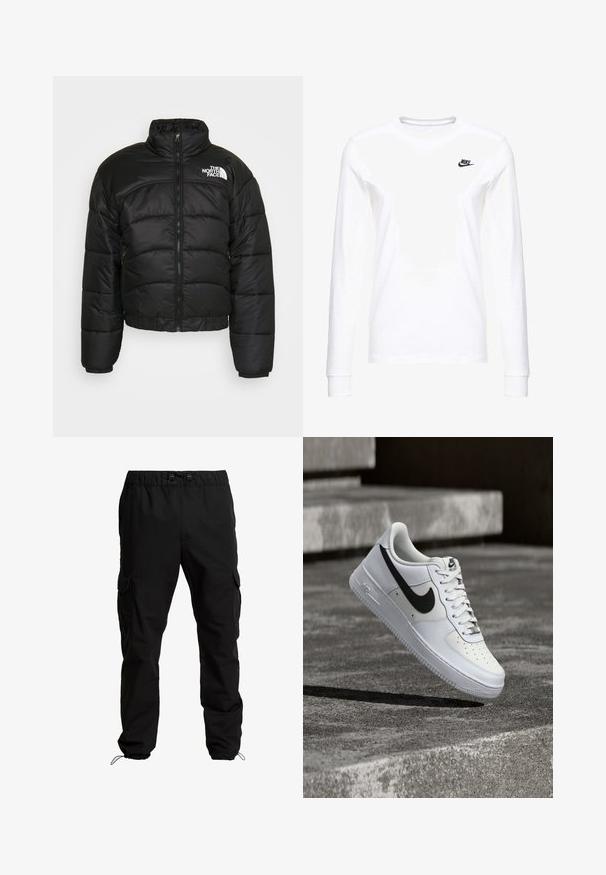 Chaqueta de plumas negra con cierre de cremallera, cuello alto y puños elásticos. Presenta paneles cosidos y un logo en el hombro izquierdo.; Camiseta blanca de manga larga hecha de algodón, con un pequeño logo negro de Nike en el lado izquierdo del pecho y un escote redondeado. Textura suave.; Pantalones cargo negros hechos de un tejido duradero, con cintura elástica, cordones ajustables y bolsillos laterales con solapa.; Zapatilla blanca Nike Air Force 1 con el logo Swoosh negro, cordones atados, posicionada en el aire sobre una superficie de concreto texturizado al aire libre.