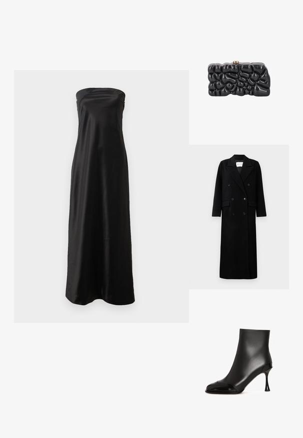 Manteau en laine noir avec un design croisé, grands revers crantés, poches avant et six boutons assortis. Coupe longue et droite.; Robe maxi noire sans bretelles en satin, avec un design simple, une texture lisse et une silhouette fluide.; Bottes noires jusqu'à la cheville en cuir lisse avec un embout brillant, dotées d'un talon effilé et d'un design élégant et ajusté.; Pochette noire brillante avec une surface abstraite et texturée et un petit fermoir métallique sur le dessus, présentée sur fond blanc.