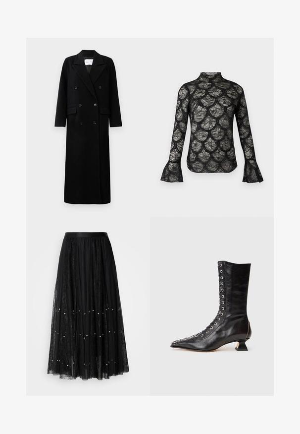 Manteau en laine noir avec un design croisé, grands revers crantés, poches avant et six boutons assortis. Coupe longue et droite.; Haut en dentelle noire avec col montant et manches longues évasées, présentant un motif festonné sur tout le tissu.; Jupe maxi en dentelle noire avec une ceinture en satin, présentant une couche transparente ornée de paillettes argentées et un motif texturé sur l'ensemble.; Bottine noire en cuir avec un bout pointu, laçage à l'avant, œillets en métal, petit talon block et un design épuré. Texture lisse, silhouette moderne.