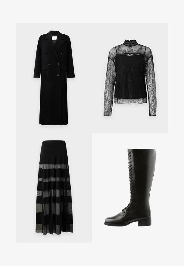 Manteau en laine noir avec un design croisé, grands revers crantés, poches avant et six boutons assortis. Coupe longue et droite.; Haut en dentelle noir à manches longues avec col haut, motif floral complexe, tissu transparent et panneau solide sur la zone de la poitrine.; Jupe maxi noire avec une taille ajustée, comportant des panneaux transparents et des rayures opaques. Tissu léger avec une texture lisse.; Bottes en cuir noir jusqu'au genou avec un laçage à l'avant, un bout rond et un talon bloc, avec une texture lisse et sans motifs visibles.