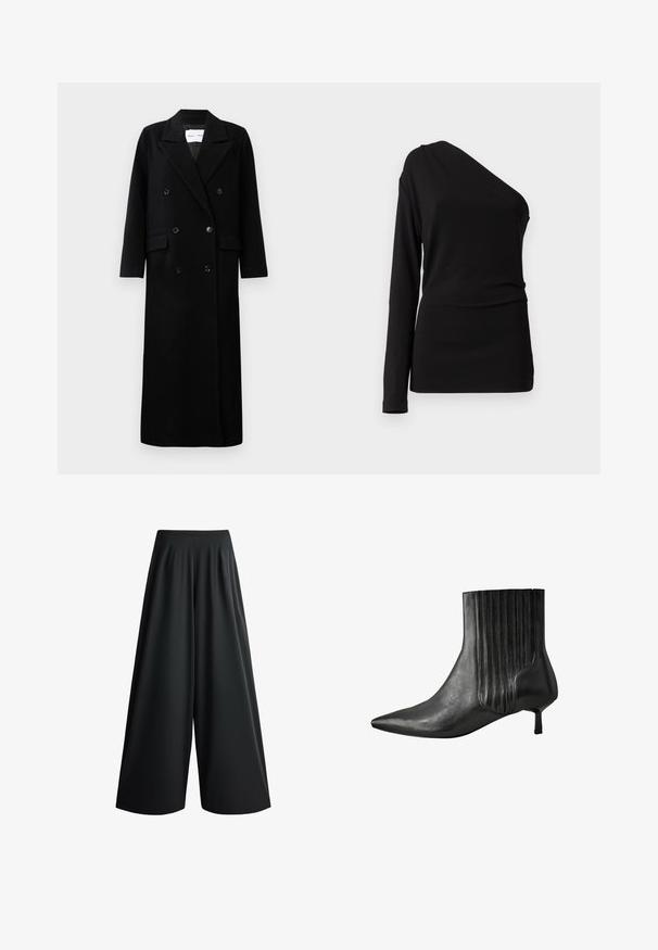 Manteau en laine noir avec un design croisé, grands revers crantés, poches avant et six boutons assortis. Coupe longue et droite.; Haut à manches longues noir avec un décolleté asymétrique, une texture lisse et une silhouette ajustée. Pas de motifs ni d'ornements visibles.; Pantalon noir à jambes larges avec taille haute et tissu fluide, présenté sur fond blanc.; Botte noire en cuir à hauteur de cheville avec un bout pointu, un design côtelé sur le côté et un petit talon carré. Texture lisse avec une finition brillante.
