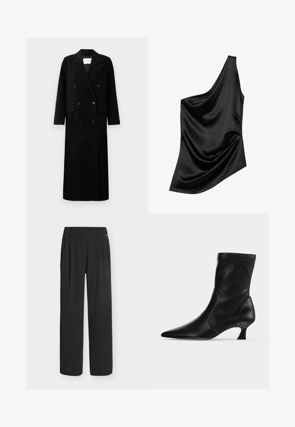 Manteau en laine noir avec un design croisé, grands revers crantés, poches avant et six boutons assortis. Coupe longue et droite.; Haut en satin noir avec un décolleté asymétrique, un détail de tissu drapé et une texture douce. Présente une épaule et une silhouette fluide.; Pantalon noir taille haute à jambes larges avec passants de ceinture et plis devant, présenté sur un fond blanc uni.; Botte mi-mollet en cuir noir avec bout pointu et petit talon kitten, vue de profil sur un fond clair uni.