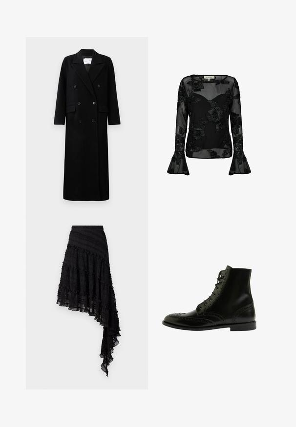 Manteau en laine noir avec un design croisé, grands revers crantés, poches avant et six boutons assortis. Coupe longue et droite.; Blouse noire transparente avec des motifs floraux brodés. Présente des manches longues avec des poignets évasés et un décolleté en cœur. Texture lisse.; Jupe asymétrique noire avec des plis texturés, des volants superposés et une taille smockée. Tissu léger avec une finition transparente.; Bottines en cuir noir avec des détails de brogue, bout rond, lacets à l'avant et une texture lisse avec un talon bas empilé.
