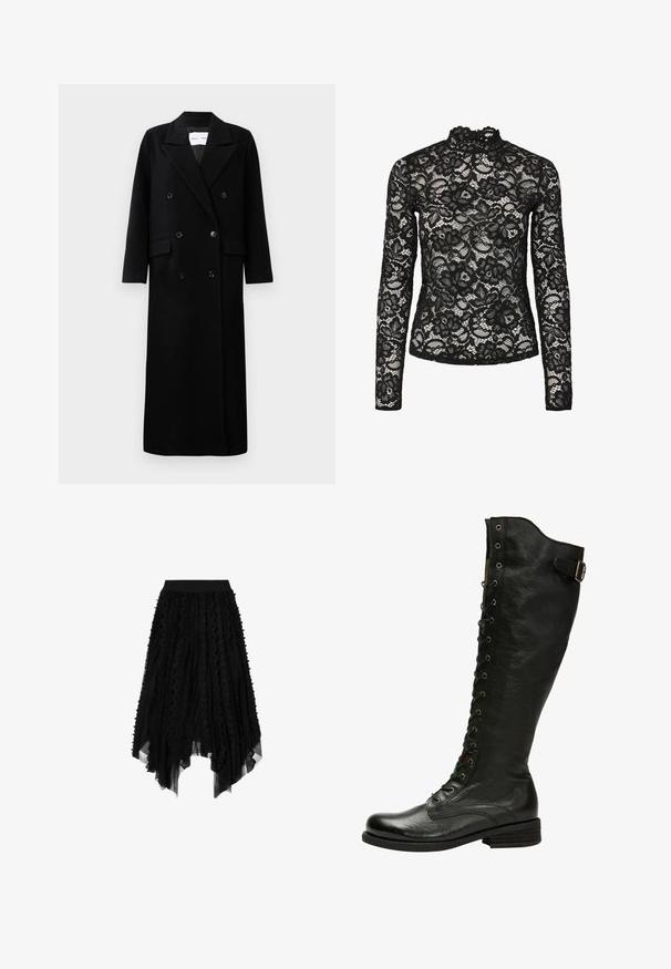 Manteau en laine noir avec un design croisé, grands revers crantés, poches avant et six boutons assortis. Coupe longue et droite.; Haut en dentelle noire à manches longues avec col haut agrémenté d'une bordure à volants, motifs floraux et texture transparente. Conçu pour un ajustement près du corps.; Jupe midi asymétrique noire avec des couches de dentelle et des rayures verticales en mesh, et une taille cintrée.; Botte en cuir noir hauteur genou avec un laçage à l'avant, œillets en métal argenté et boucle sur le côté. Présente une finition texturée et un talon empilé.