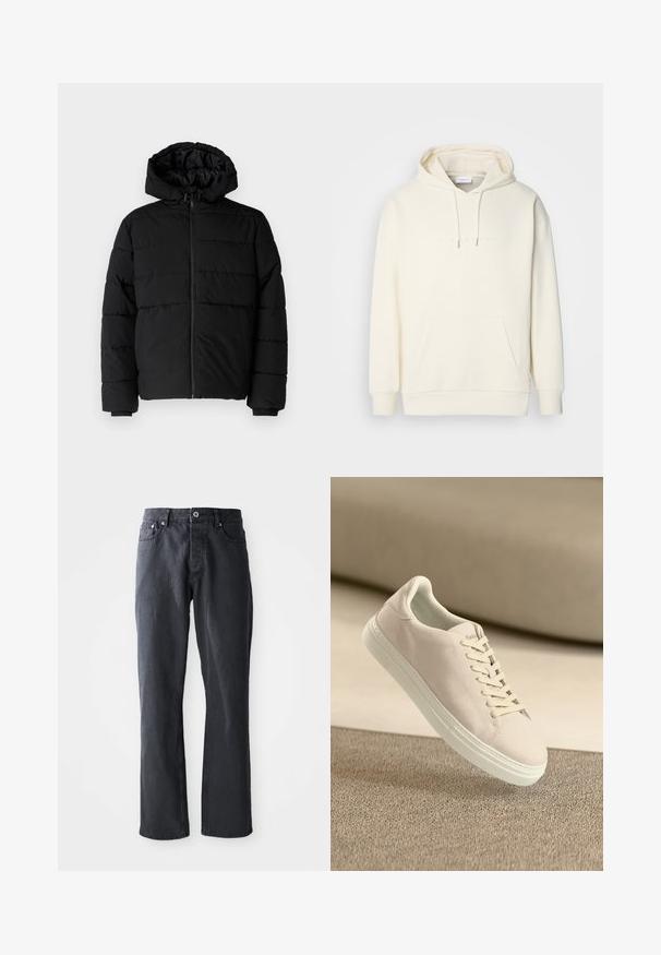 Schwarze Daunenjacke mit Reißverschluss vorne, Kapuze und horizontalem Steppmuster. Hergestellt aus einem glatten, strapazierfähigen Stoff mit gerippten Manschetten.; Heller Hoodie in Cremefarbe aus weichem Stoff. Verfügt über eine zentrale Kängurutasche, eine Kapuze mit Kordelzug und ein dezentes Branding auf der Brust.; Dunkelgraue Denim-Jeans mit geradem Bein, fünf Taschen, Knopf- und Reißverschluss-Verschluss vorne und kontrastierenden Steppdetails.; Beige Wildleder-Sneaker mit weißer Sohle und Schnürsenkeln, die über einem strukturierten beigen Teppich vor einem sanften beigen Hintergrund schwebt.