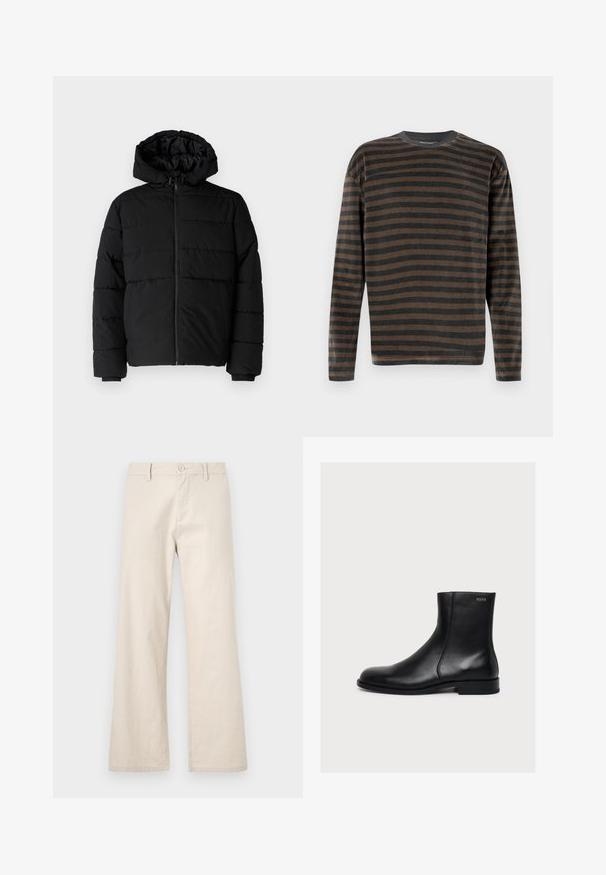 Schwarze Daunenjacke mit Reißverschluss vorne, Kapuze und horizontalem Steppmuster. Hergestellt aus einem glatten, strapazierfähigen Stoff mit gerippten Manschetten.; Langärmliges Rundhals-Shirt mit horizontalen schwarzen und braunen Streifen, vor einem schlichten hellen Hintergrund präsentiert.; Beige weit geschnittene Hosen aus leichtem Stoff, mit Knopfverschluss und Fronttaschen, in einer glatten, untexturierten Ausführung.; Schwarzer, glatter Lederknöchelstiefel mit niedrigem Absatz und seitlichem Reißverschluss, mit Hugo nahe dem oberen Rand beschriftet.
