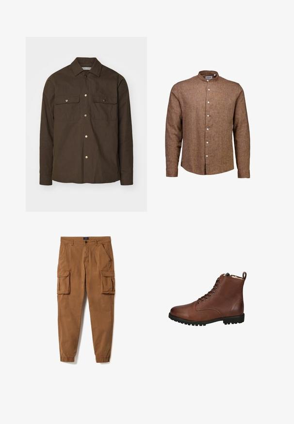 Braune Baumwollhemdjacke mit spitzem Kragen, Knopfverschluss und zwei Brusttaschen. Verfügt über goldfarbene Druckknöpfe und lange Ärmel.; Braunes Leinenhemd mit Knöpfen und Stehkragen, versehen mit weißen Knöpfen an der Vorderseite und einem strukturierten Gewebe im gesamten Stoff.; Braune Cargo-Hose mit elastischen Bündchen, Knopf- und Reißverschluss, schrägen Fronttaschen und großen Klappentaschen an jedem Oberschenkel.; Braune Leder-Ankle-Boots mit strukturiertem Finish, Schnürung vorne, abgerundeter Zehenpartie und dickem Gummisohle. Mit Anhänger an der Rückseite.